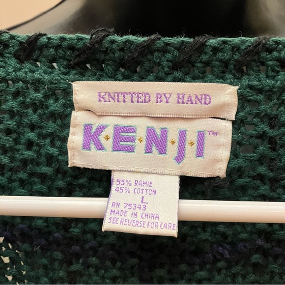 Kenji vintage green and blue button down hand-knitted cardigan sweater, L - Picture 10 of 11